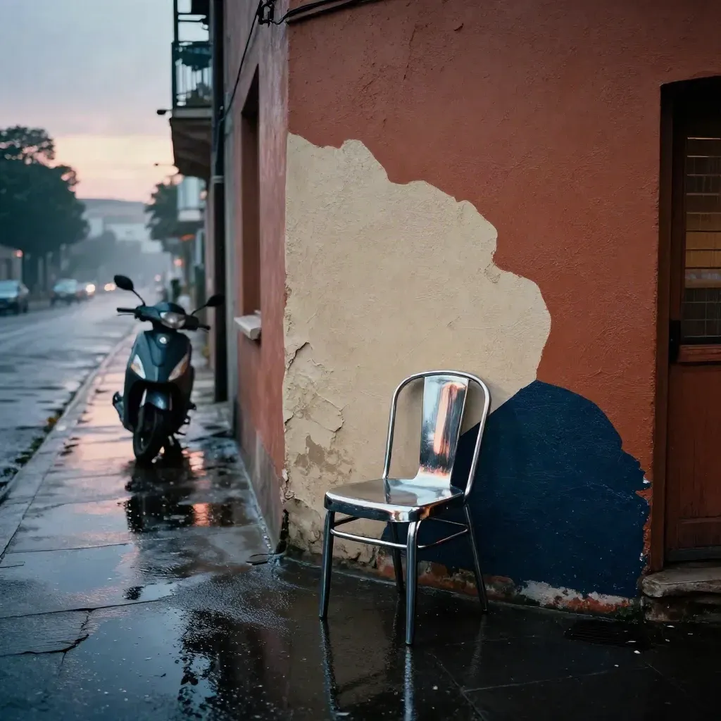 Mural corner with chrome chair, parked scooter, and rain puddles glowing at dusk.