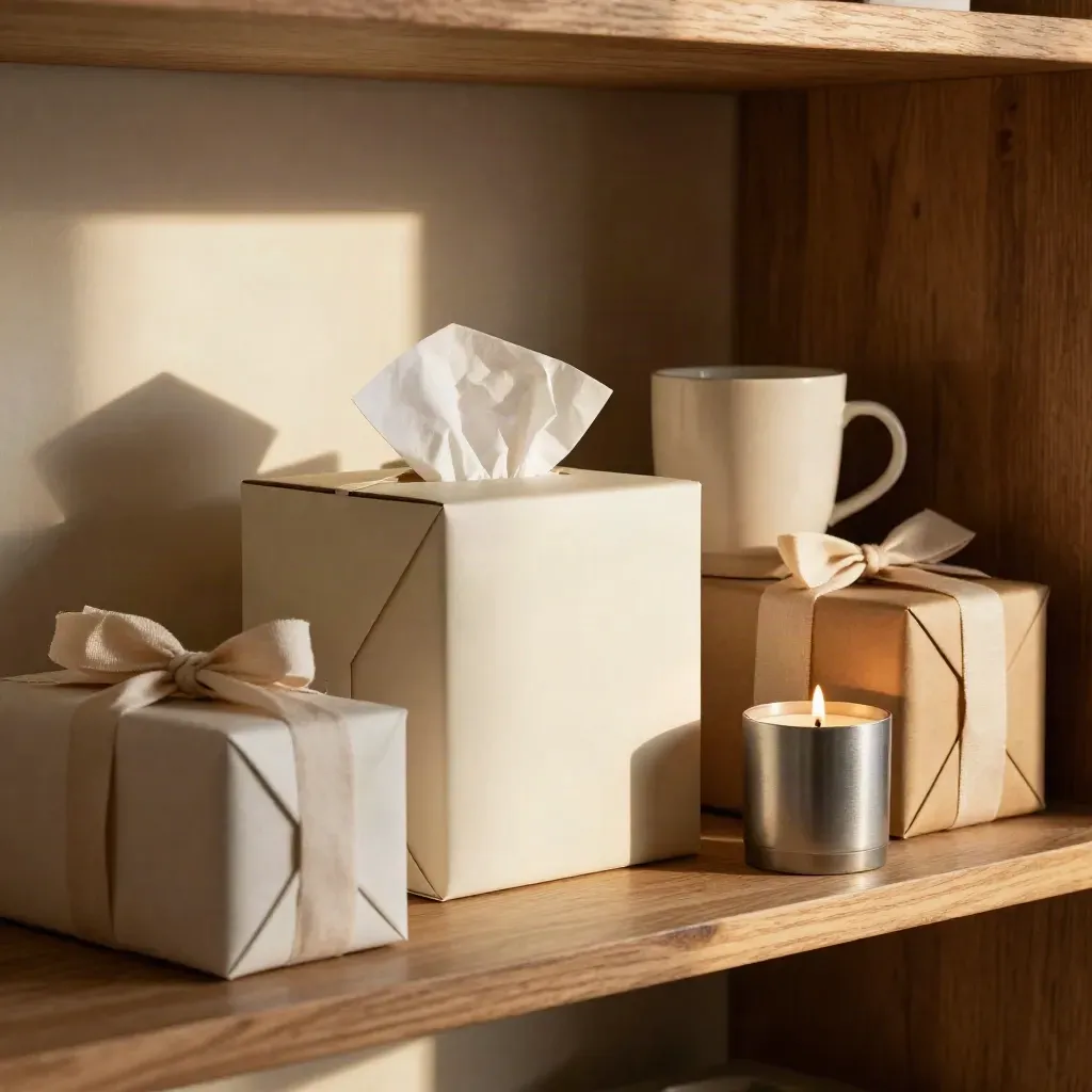 Gift shelf with wrapped boxes, candle, cup and ribbon in warm afternoon light.
