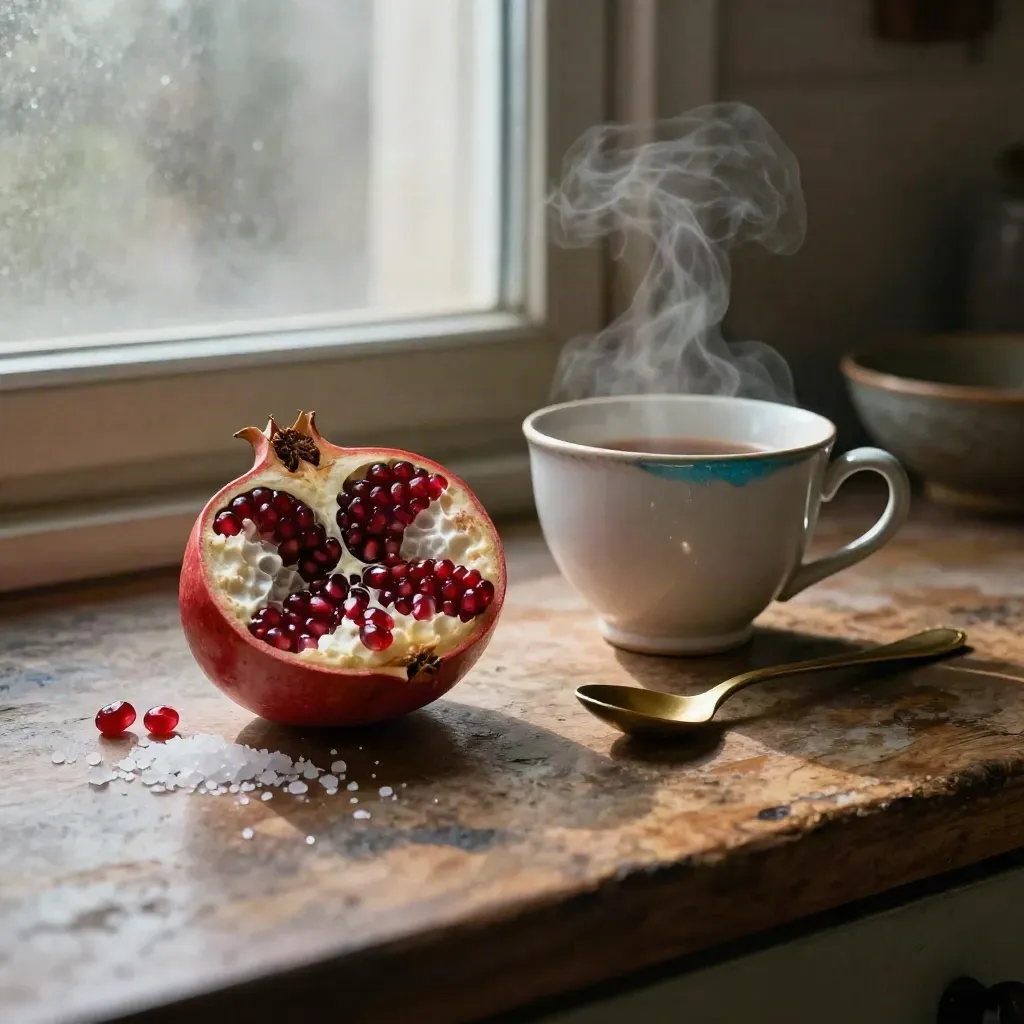 Kitchen still life with pomegranate, salt crystal, tea cup and brass spoon in warm morning steam.
