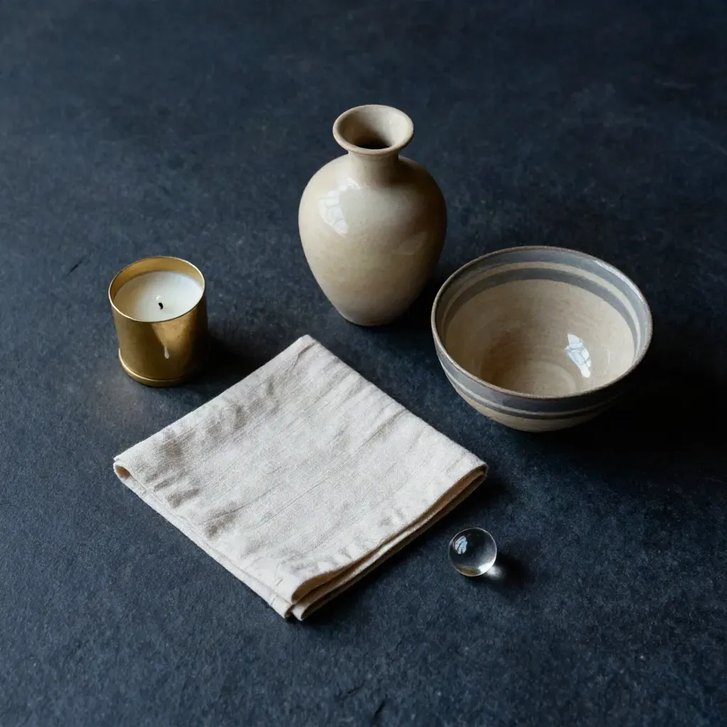 Top-down diagonal of candle, linen, vase, bowl, and bead on a dark slate surface.