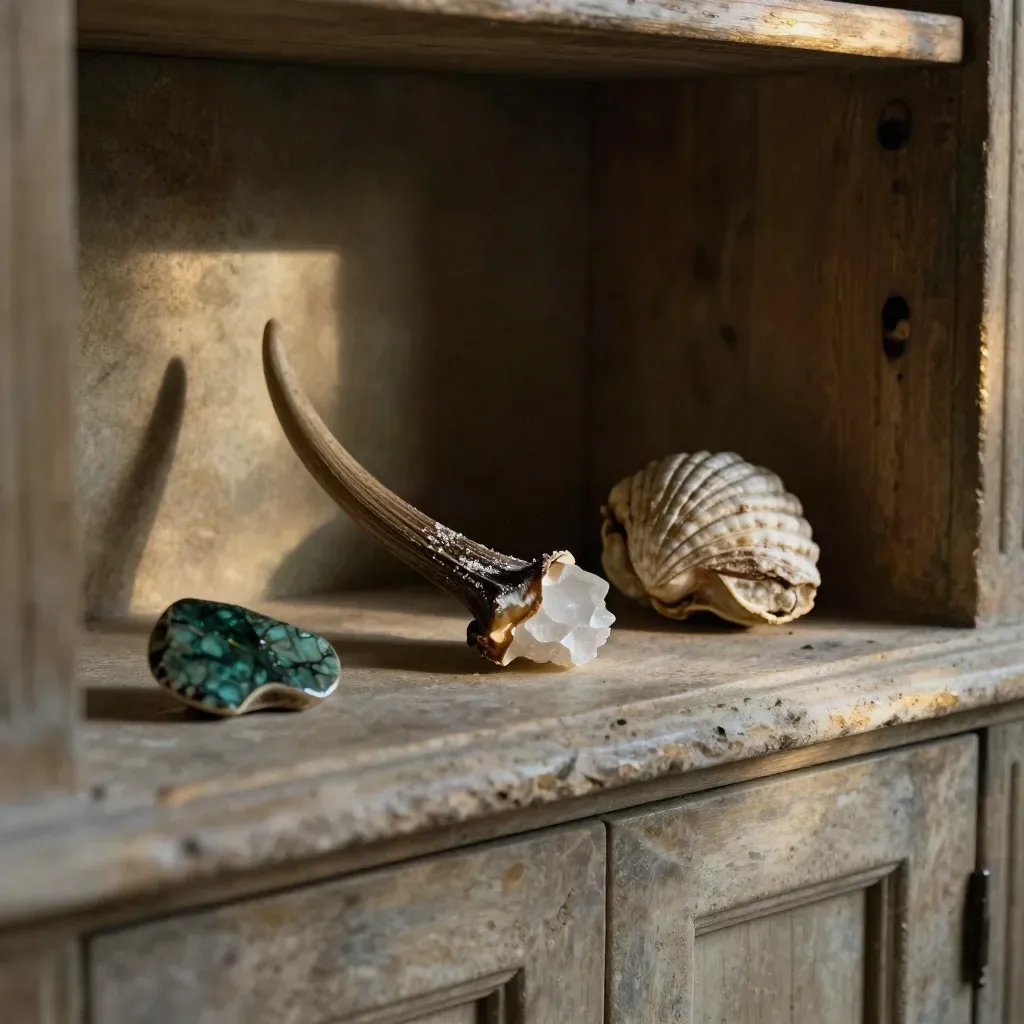 Curious cabinet shelf with antler, obsidian, quartz, and shell in warm late light.