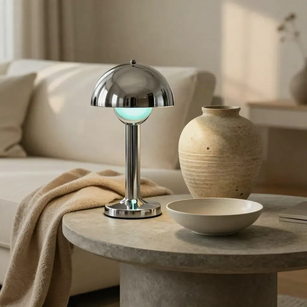 Chrome lamp, ribbed vase, wool throw and ceramic bowl on a concrete side table in warm afternoon light.