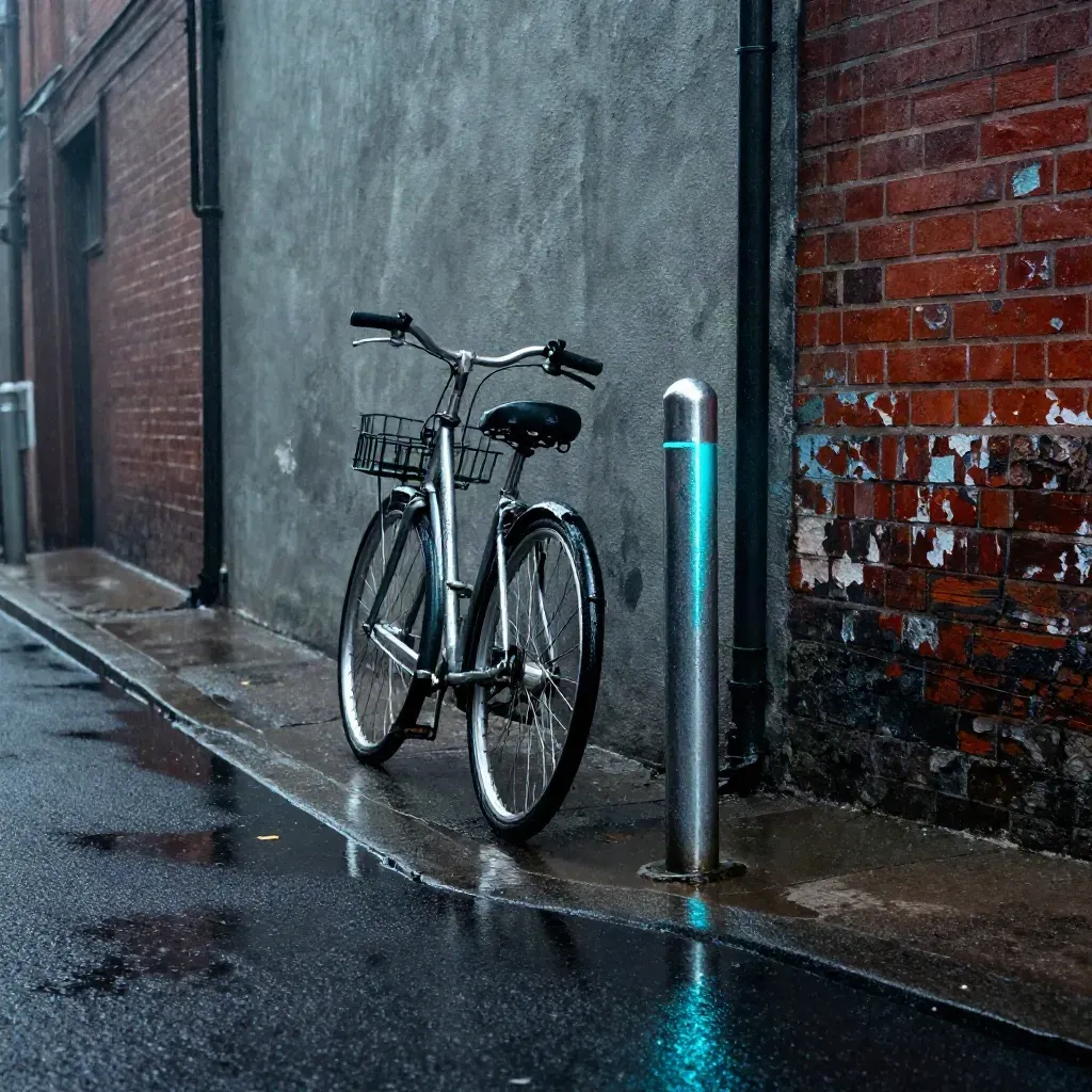 Rain-washed alley with painted walls, a bicycle, chrome bollard and cyan reflections in puddles.