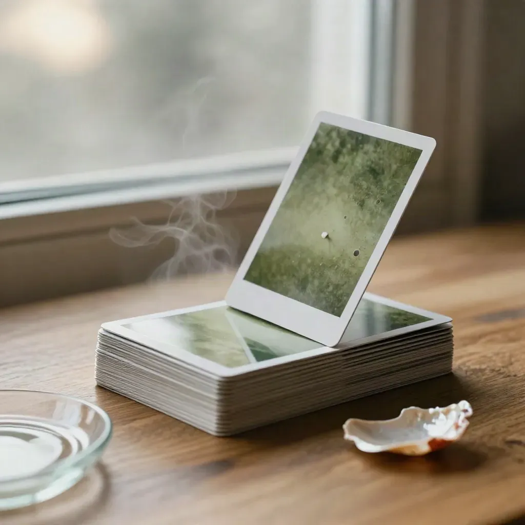 Glossy photo cards slip beside shells in hazy cafe window light.