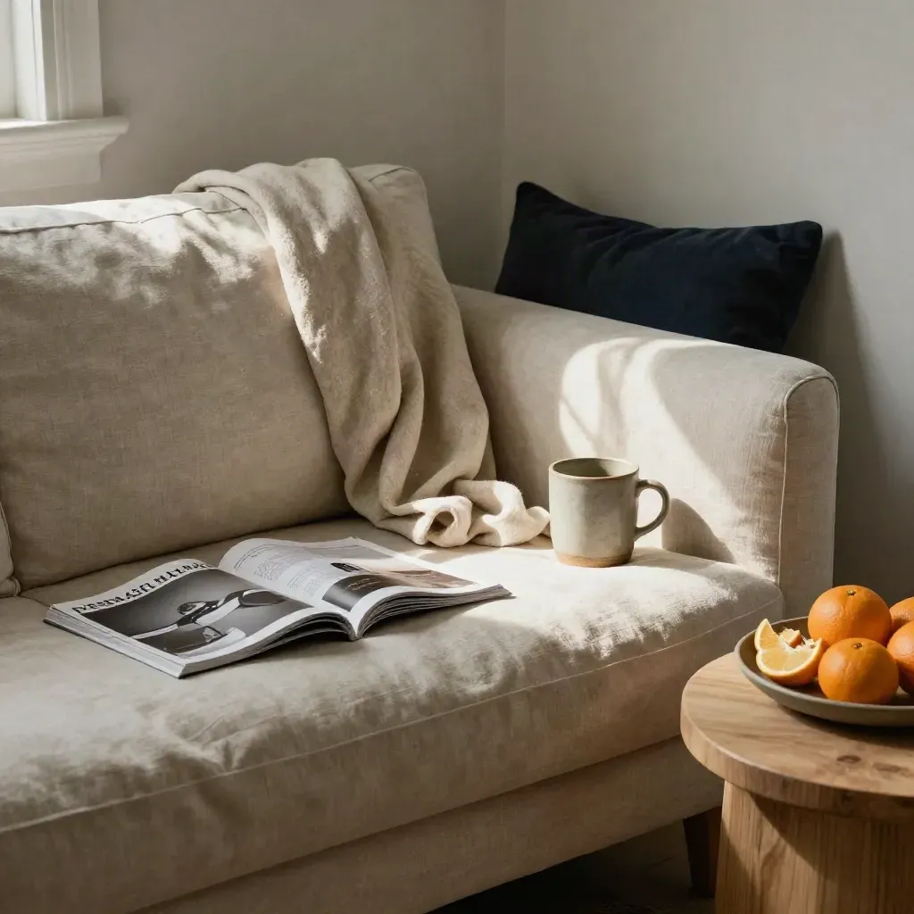 Warm sofa nook with magazines, mug, citrus tray, and a wool throw in morning window light.