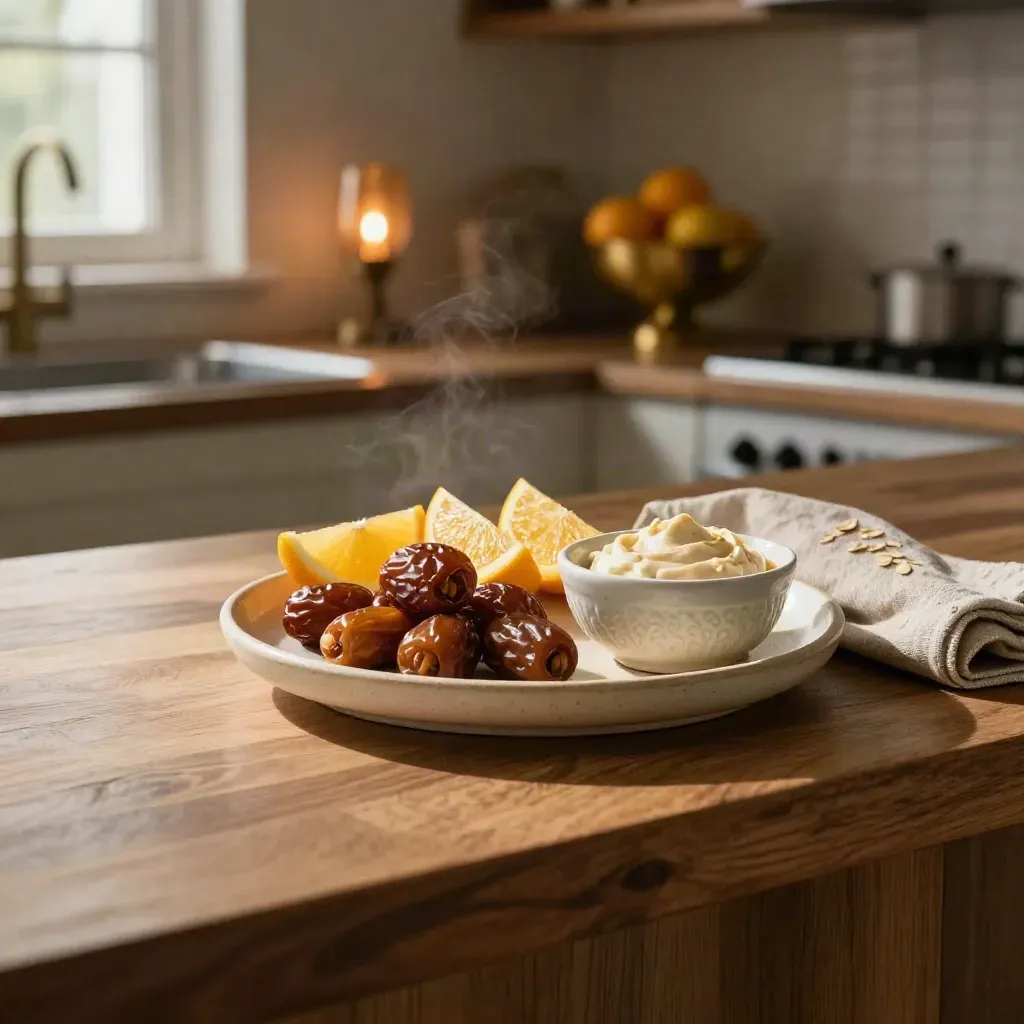 Warm snack plate with dates, citrus wedges, dip bowl, and linen napkin on a kitchen counter.