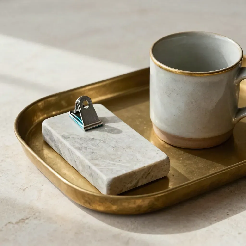 Top-down brass tray, stone pen rest, cable clip and matte mug on a tidy stone work surface.