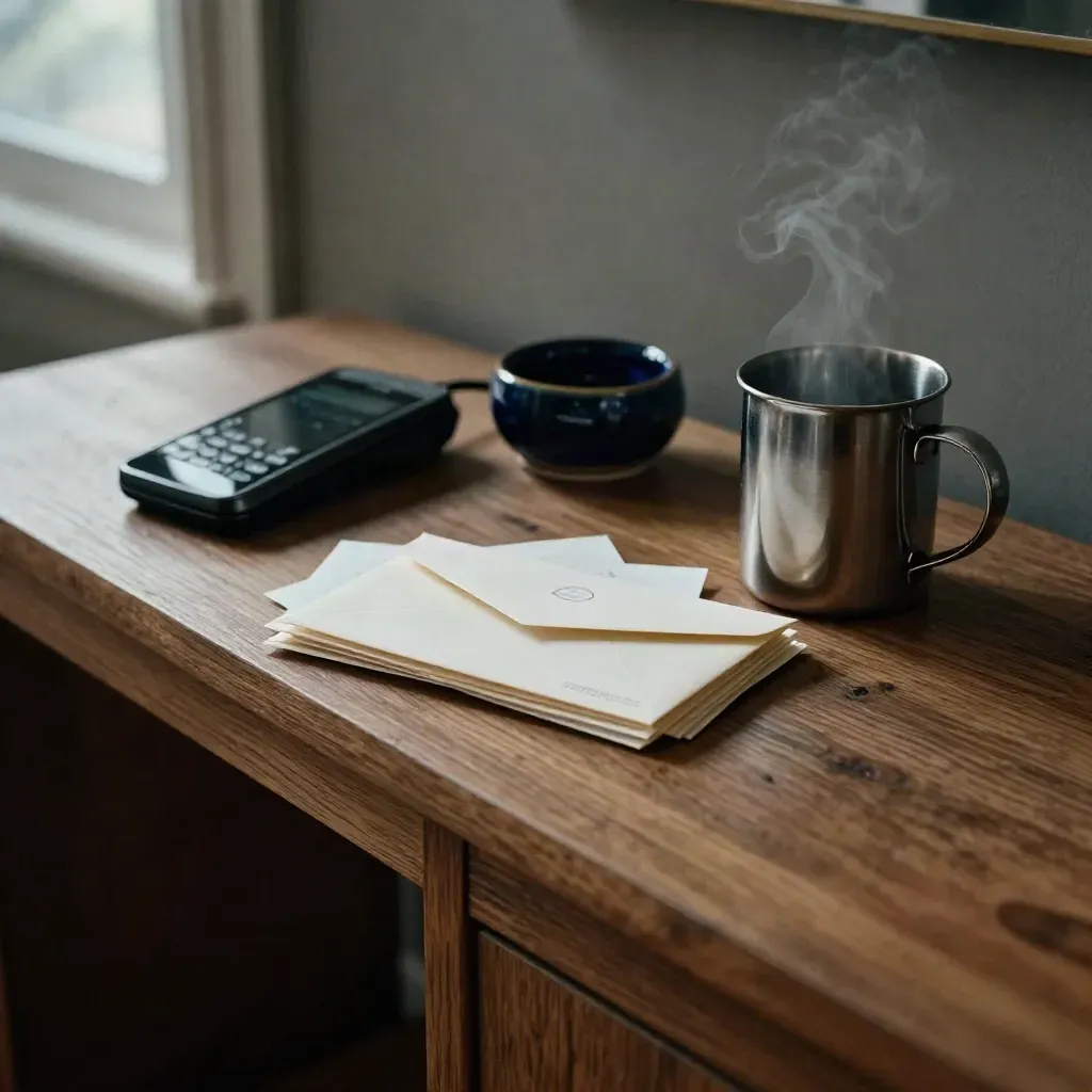 Steam curls over an entryway mail pile beside a navy catchall and face-down phone.