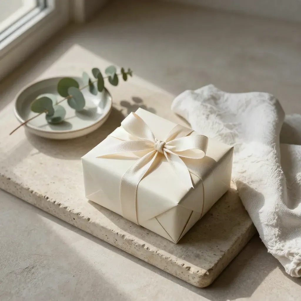 Cream gift box on stone tray with ceramic dish, eucalyptus sprig, and folded cloth