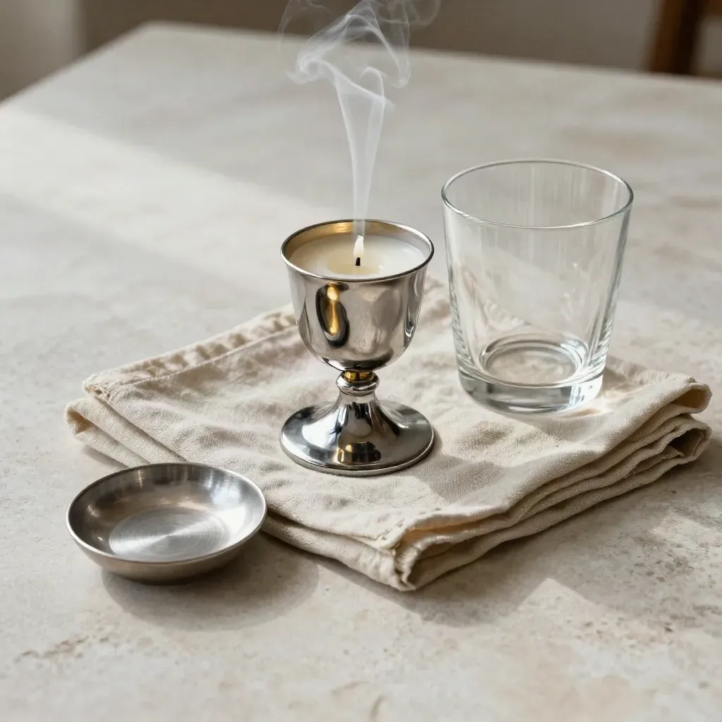 Chrome candleholder and tumbler on oat linen with smoke curl on pale plaster