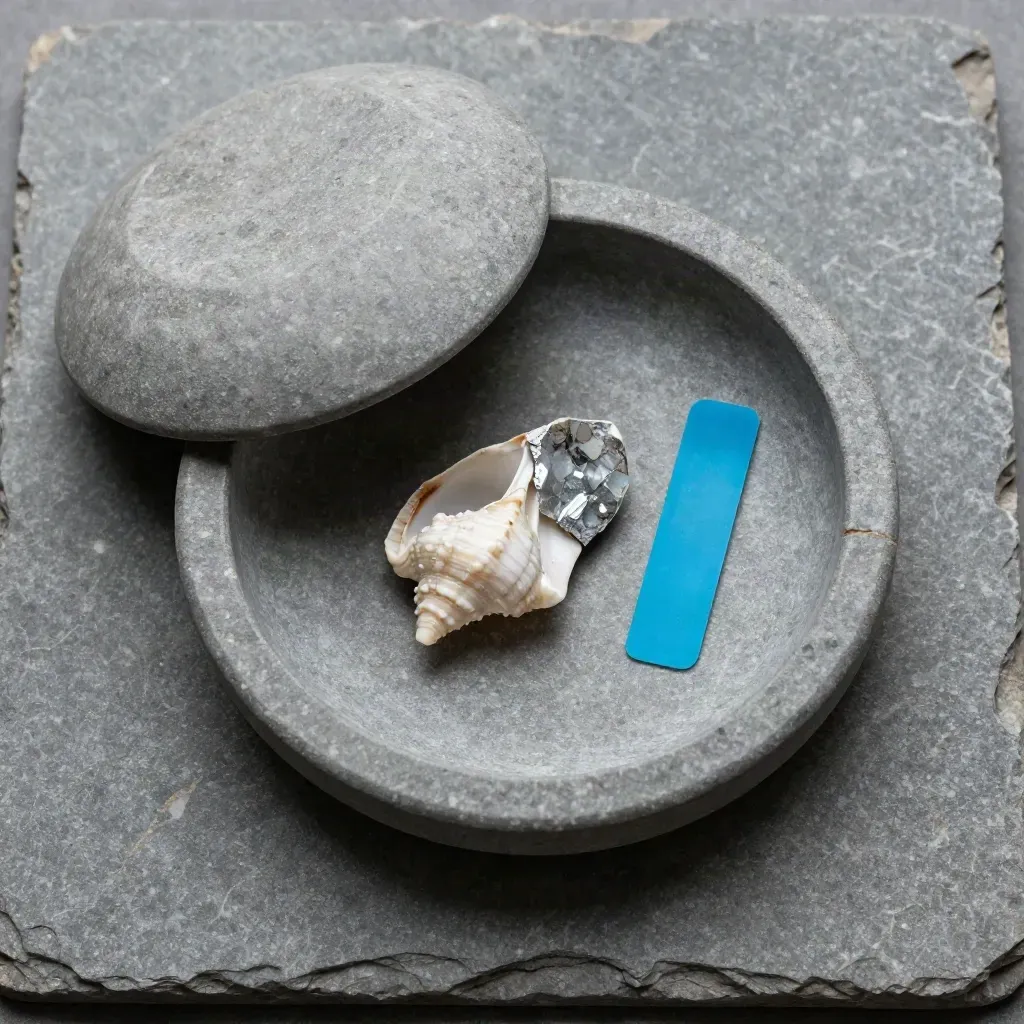 Fossil shard in a specimen dish with shell and mica on stone, overhead flatlay