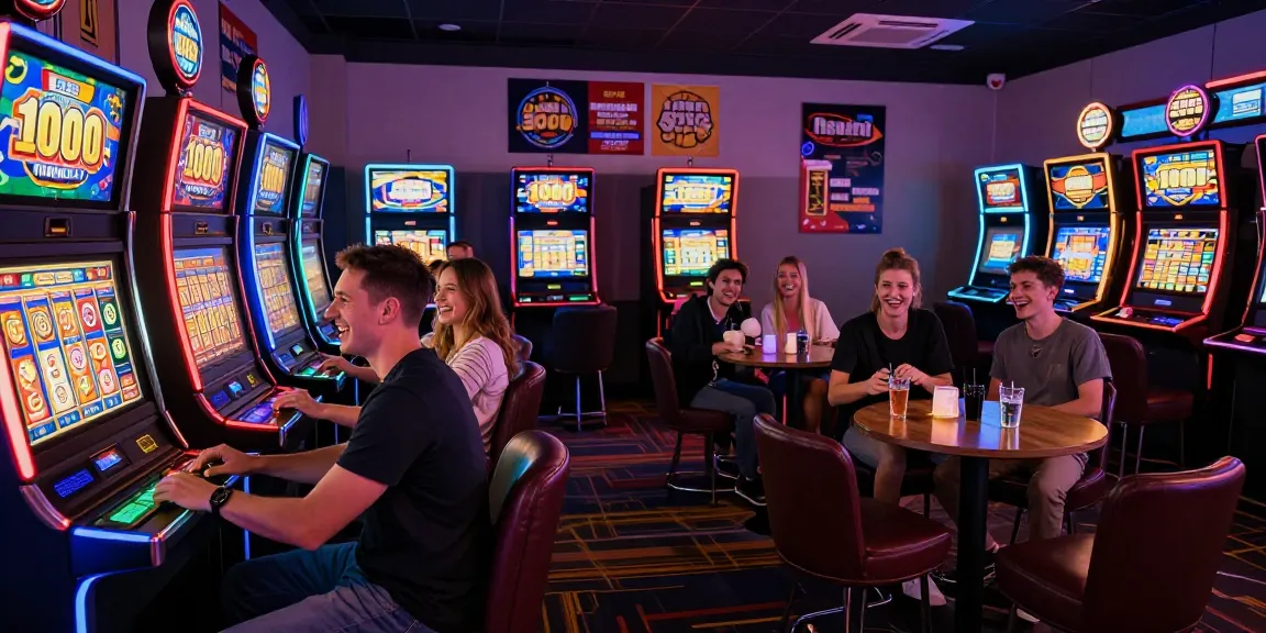 Friends celebrating wins at a slot depo 1000 machine in a vibrant gaming lounge
