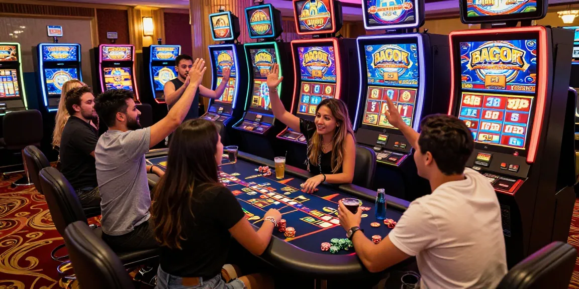 Excited players enjoying a slot gacor game at a colorful casino table, celebrating wins.