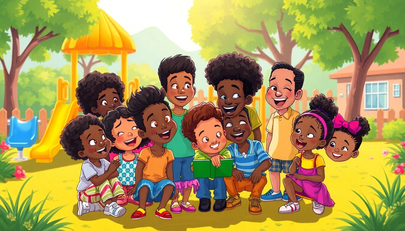 A group of children joyfully engaging with characters from African American Cartoons, representing diversity and fun in a colorful playground.