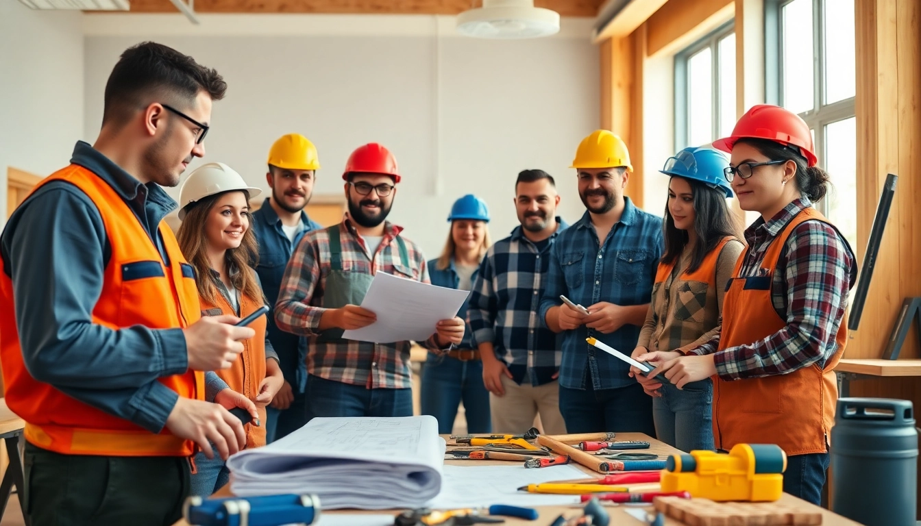Participants engaging in construction craft training with expert instructors in a bright classroom.