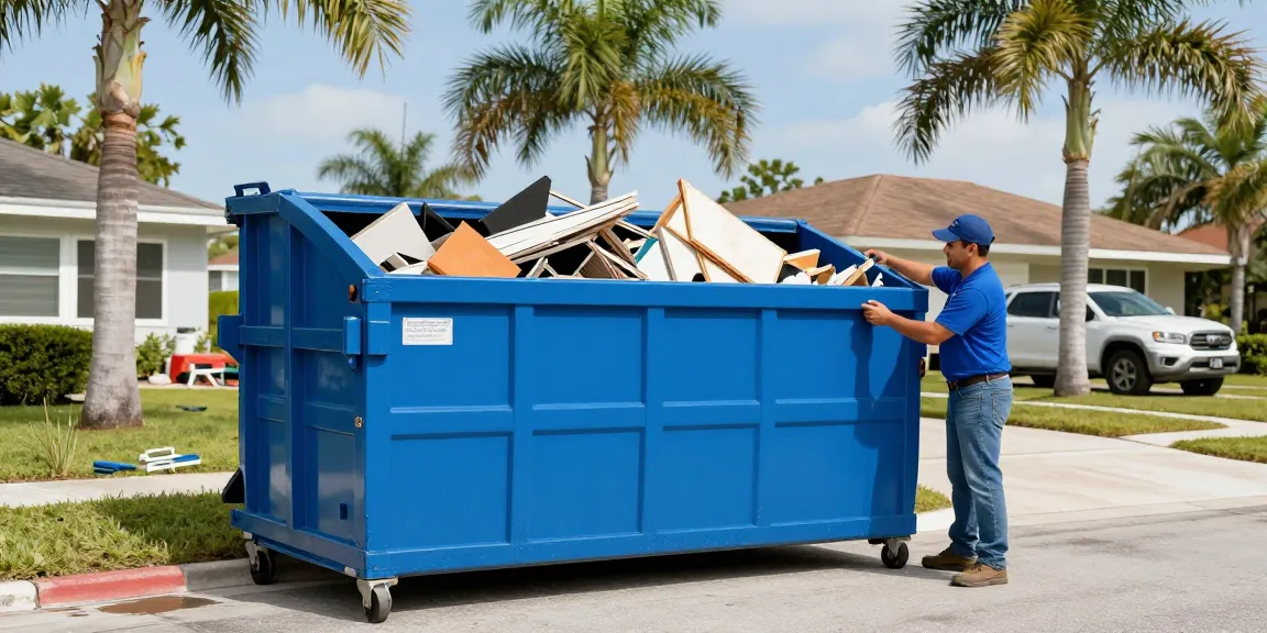 Dumpster rental in Cape Coral FL with a contractor unloading renovation debris, showcasing efficient waste management service.