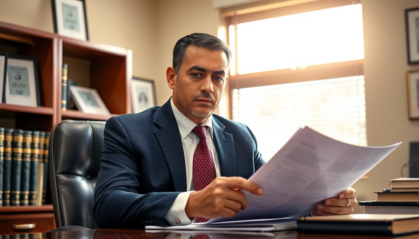 Stockton Accident Lawyer attentively reviewing case files in a professional office setting.