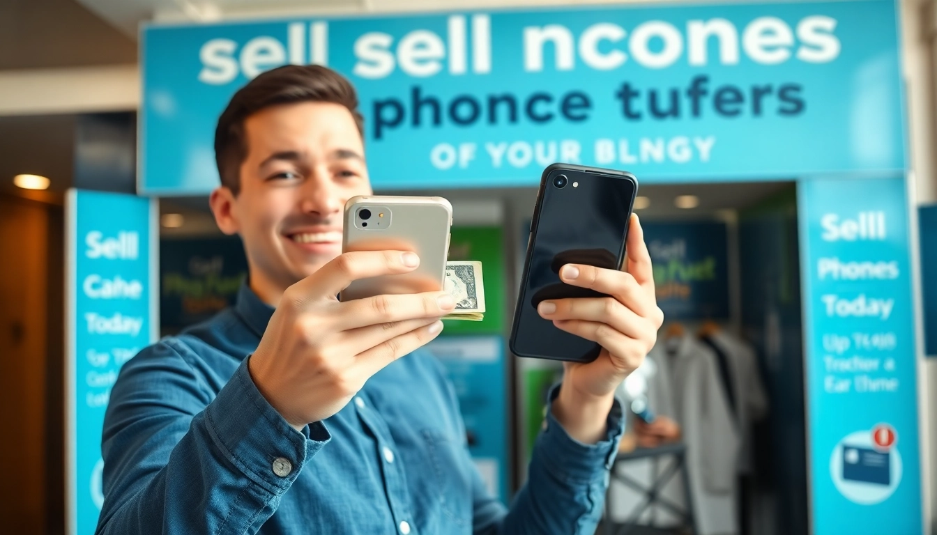 Sell phone today cash with a satisfied customer exchanging their smartphone for cash at a kiosk.