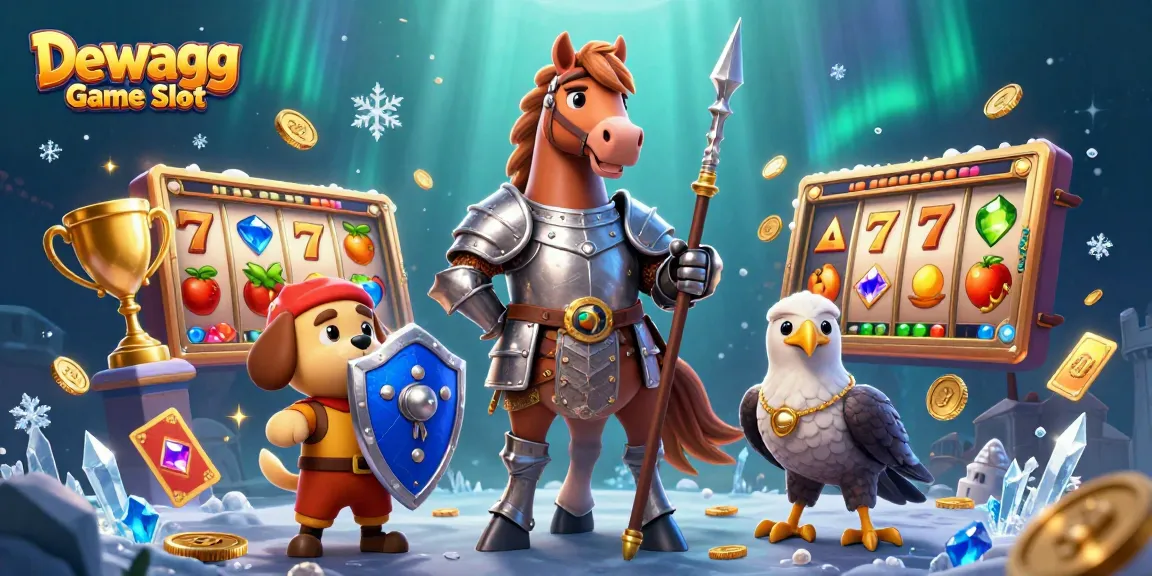 Dewagg Game Slot illustration showcasing a knight, puppy, and falcon amongst dynamic slot reels and golden game elements.
