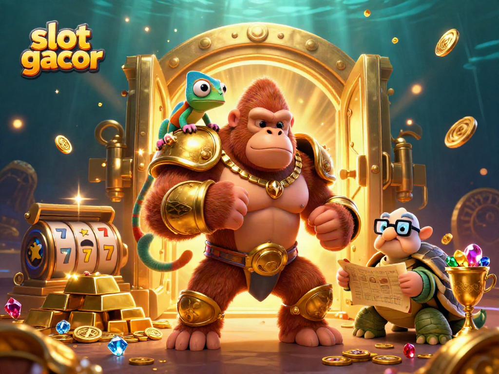 Slot gacor menampilkan karakter raja gorila dalam armor emas dengan teman chameleon dan kura-kura, dikelilingi oleh harta dan elemen perjudian.