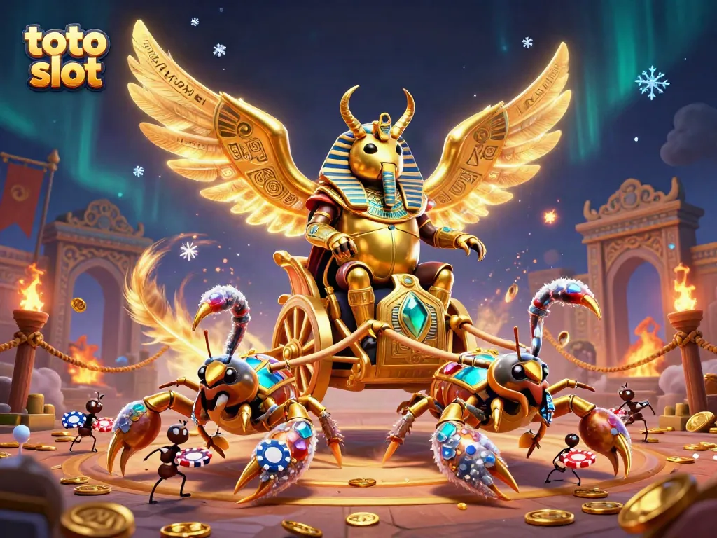 Gambarkan permainan toto slot dengan karakter unik dan simbol keberuntungan di arena pertarungan.