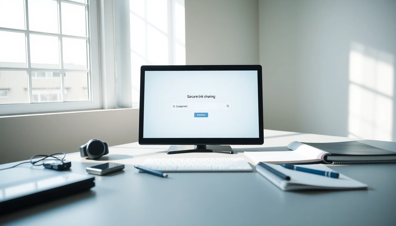 Illustration of a secure link sharing platform interface in a professional workspace.