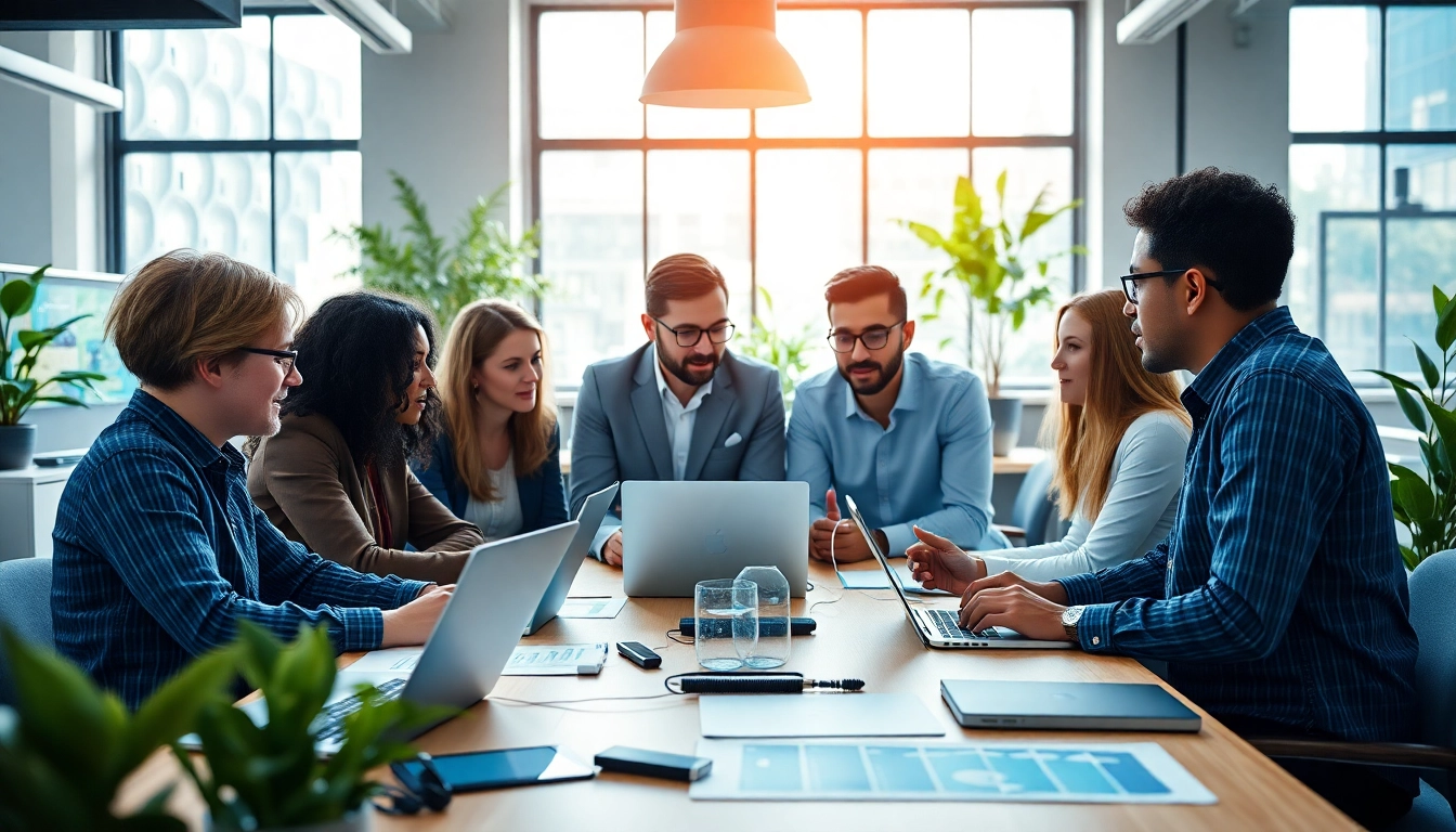 Managed IT provider team collaborating effectively in a modern office, showcasing teamwork and technology.
