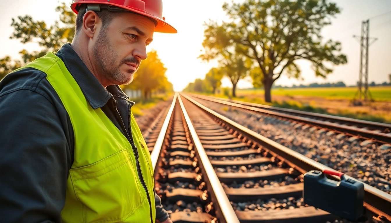 Railroad Maintenance Services technician closely examining railway tracks for safety.