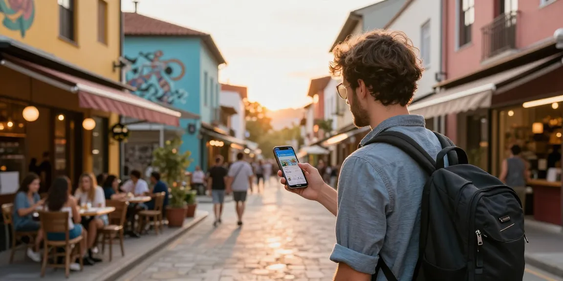 TravelJoy alternative showcased through a traveler planning trips using a mobile app in a vibrant city setting.