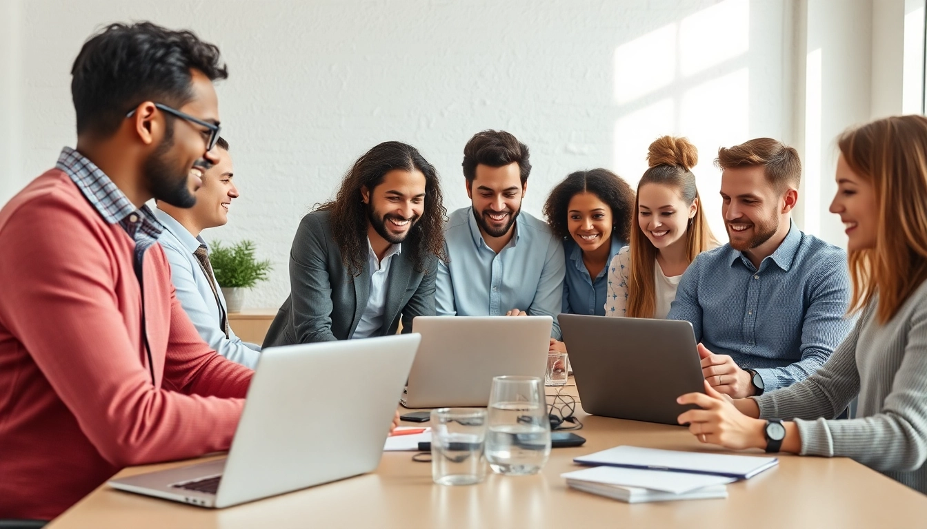 Social media agency professionals brainstorming innovative strategies in a modern office.