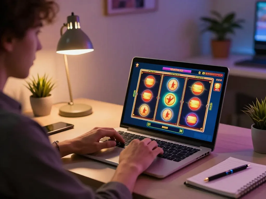 Engaging online gaming at home with vibrant slot terbaru interface displayed on laptop screen