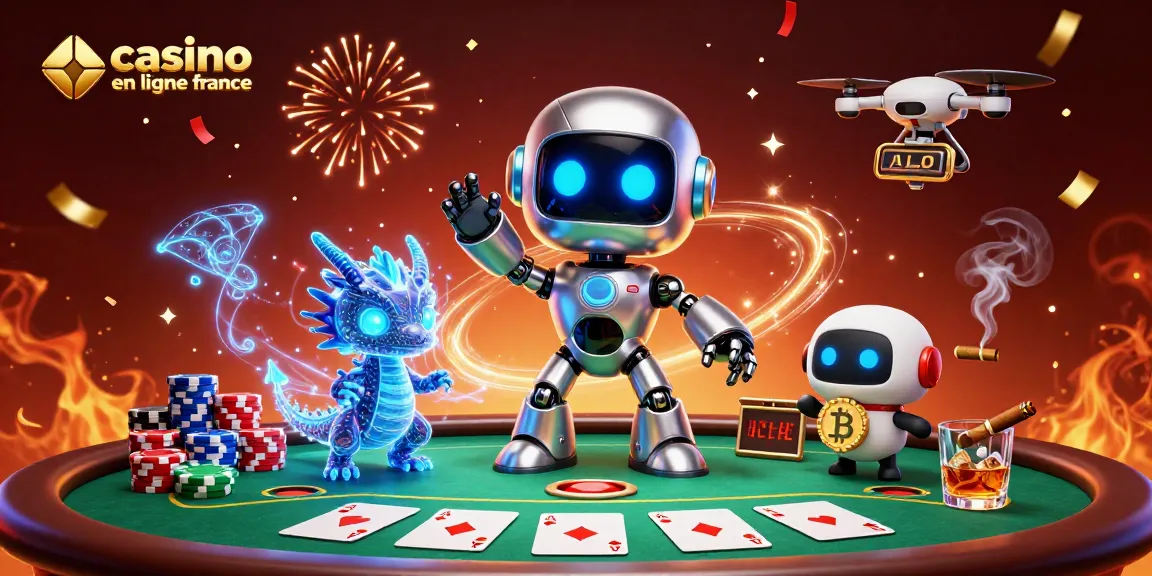 Jouez sur un casino en ligne France avec cette illustration de jeux captivants et un robot cybernétique.