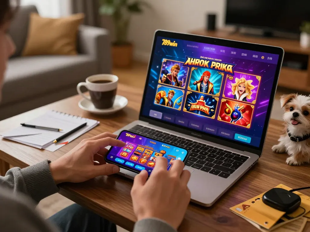 Experience 789win hiện đang mở with a player enjoying mobile casino games on their smartphone in a cozy setting.