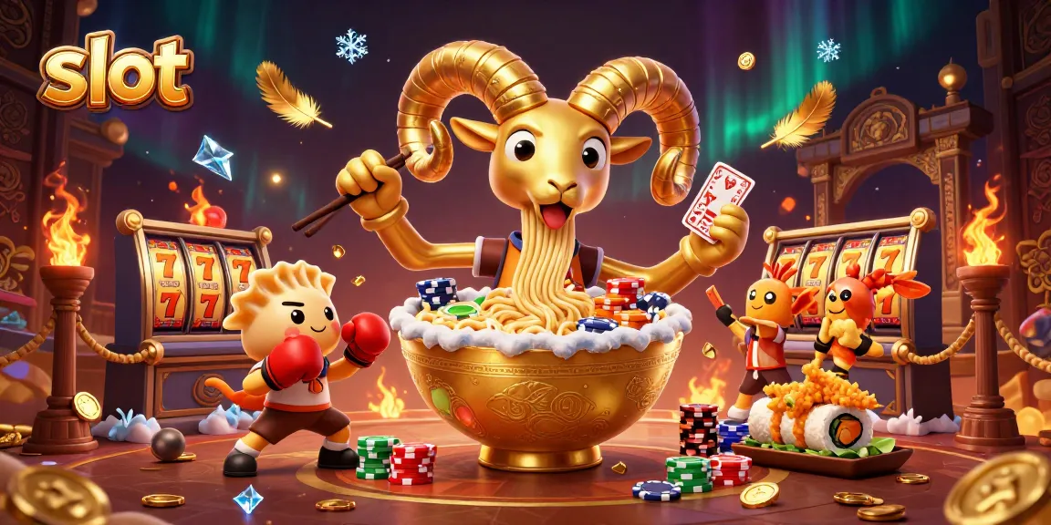 Spin winning slots featuring a giant ramen bowl dealer surrounded by vibrant casino elements.