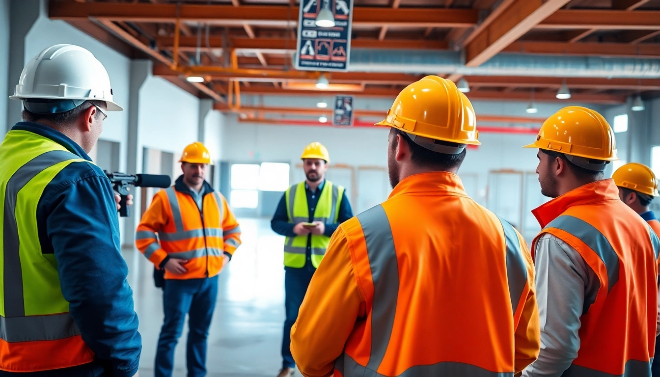 Workers engaged in construction safety programs training with vibrant safety gear and materials.