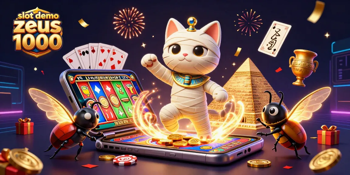Win big with slot demo zeus 1000 featuring a mummy cat and golden sarcophagus in a vibrant casino.