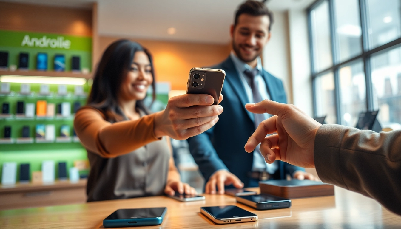 Sell phone today cash with a cashier handing money to a customer in a modern smartphone shop.