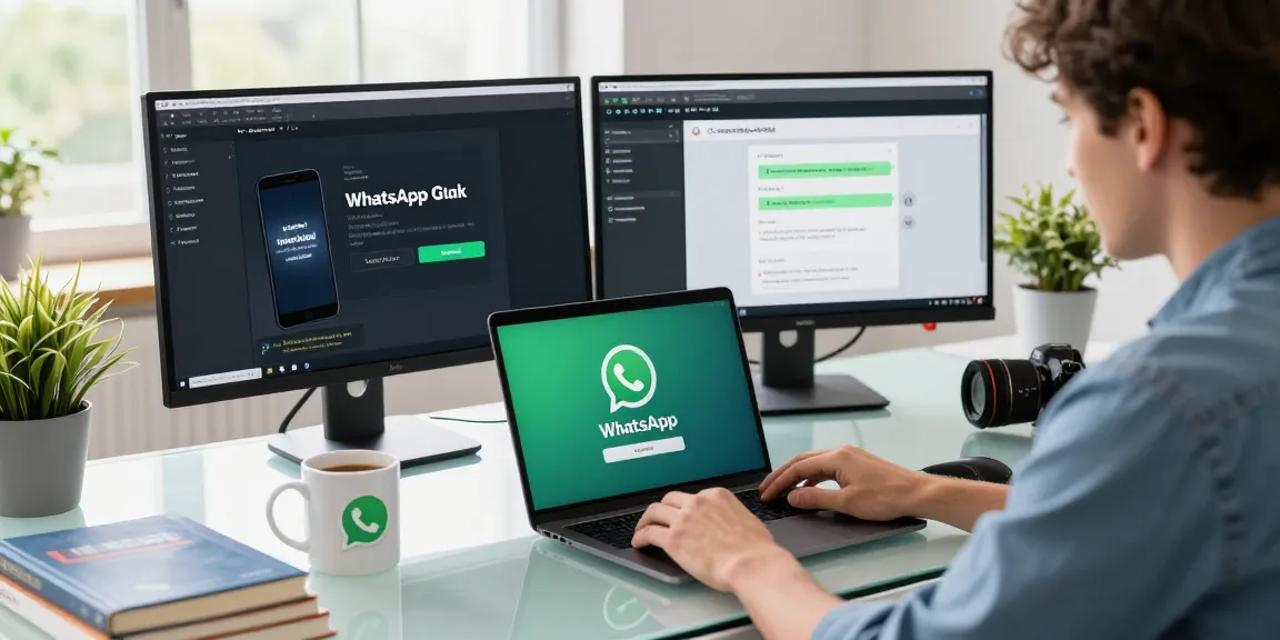 WhatsApp下載 on a laptop, tech workspace with dual monitors, coffee, and productivity tools.