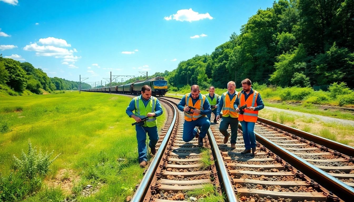 Technicians performing Railroa Maintenance Services while inspecting train tracks outdoors.