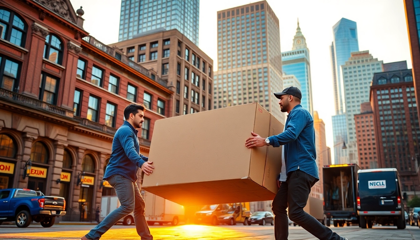 Movers in Boston carefully transporting boxes while showcasing teamwork in a vibrant city setting.