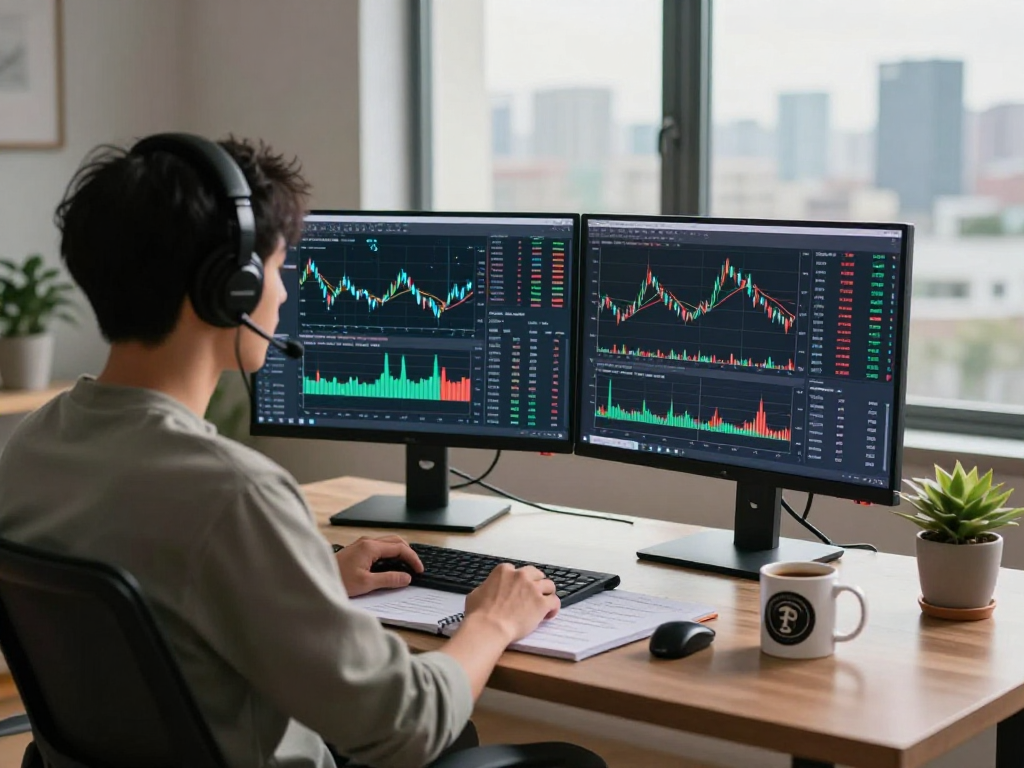 Trader using TradingView on dual monitors in a modern workspace, analyzing market trends.
