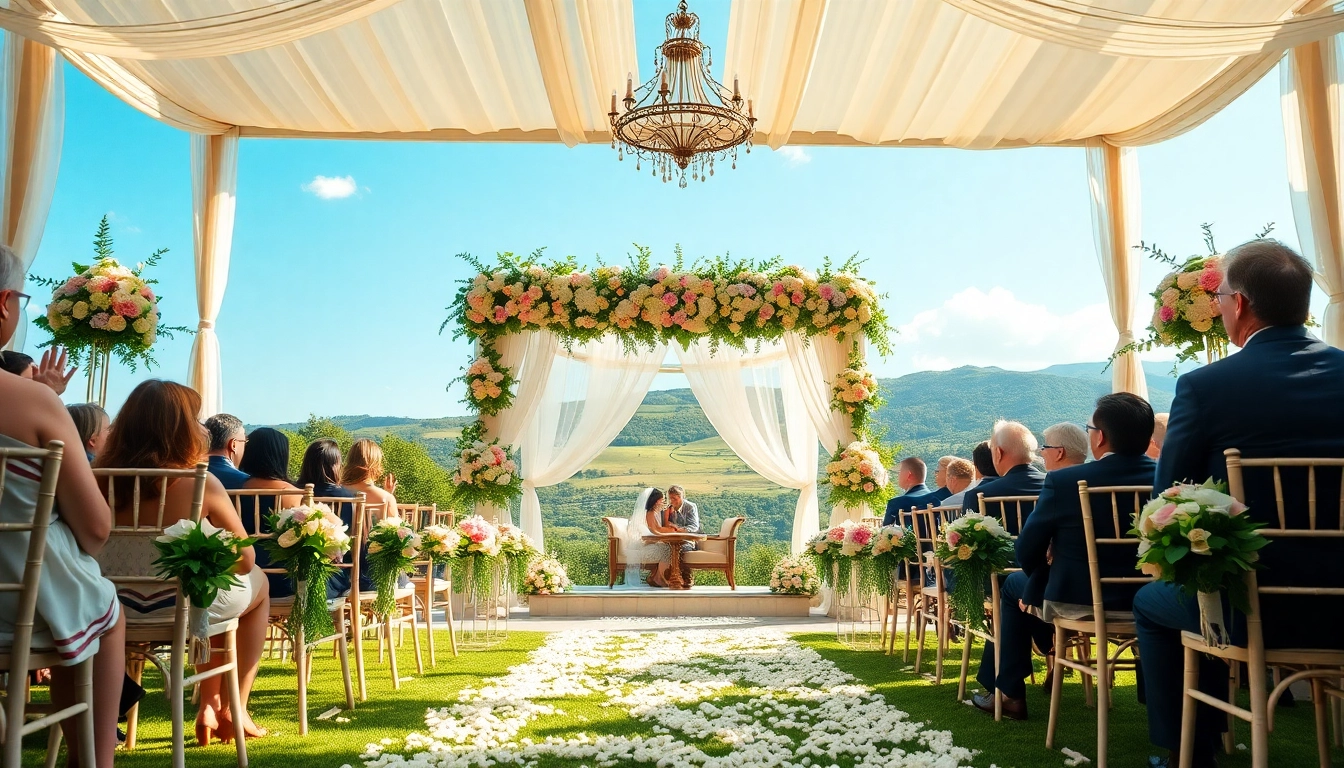 Verlobte genießen eine traumhafte location hochzeit in einem malerischen Garten mit Blumen.