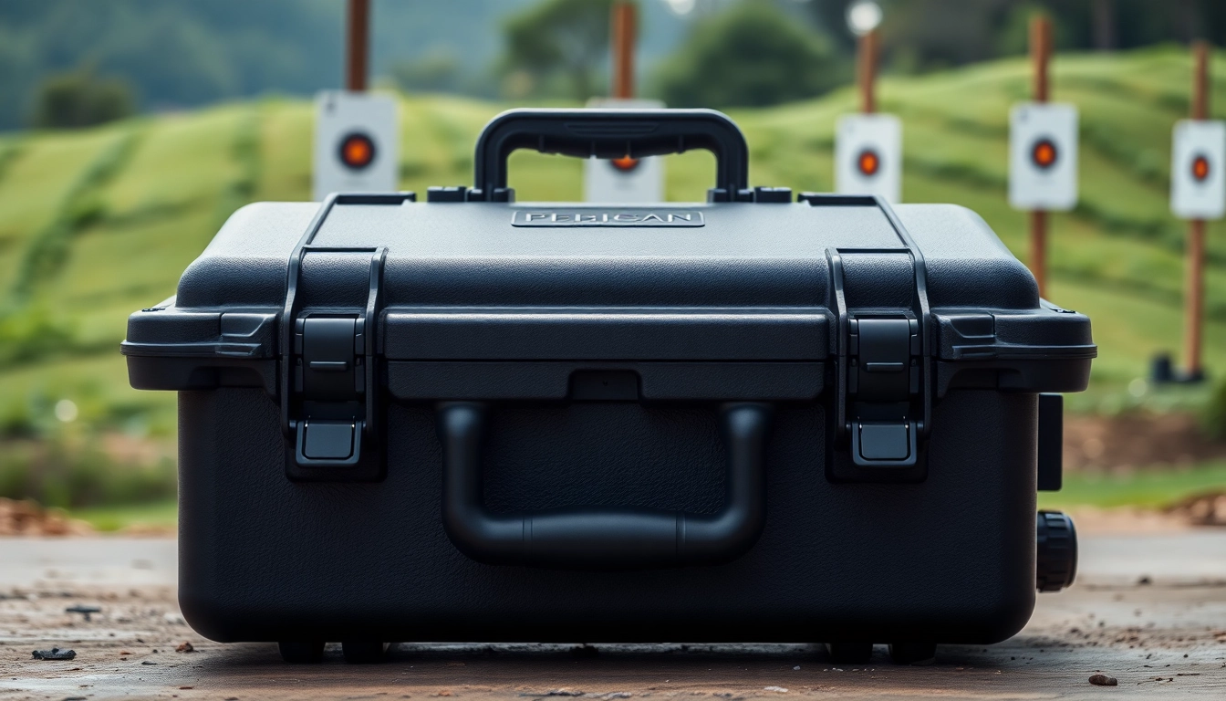 Secure and durable pelican rifle case ideal for outdoor use in a shooting range.