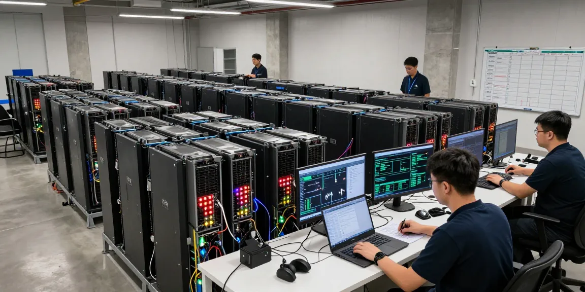 bitcoin mining farm workspace showcasing advanced mining rigs and performance metrics in a high-tech facility, highlighting cryptocurrency innovation and operational efficiency