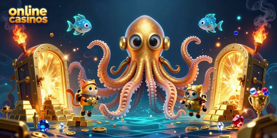 Ilustración de un kraken de oro y un gato buceador en casinos online, con tesoros brillantes.
