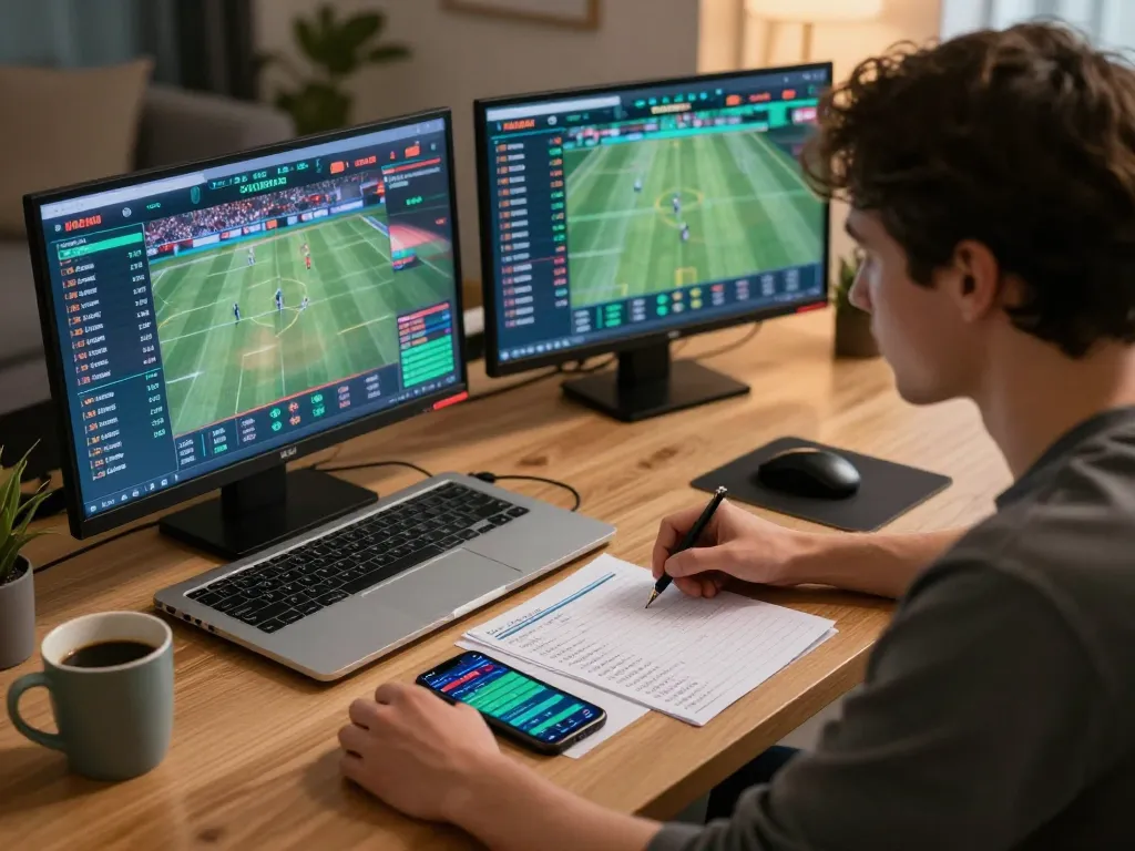 SBOBET user analyzing live sports betting odds on multiple screens in a modern gaming setup