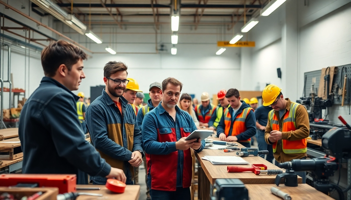 Individuals participating in skilled trades training, engaged in hands-on tasks in a workshop.