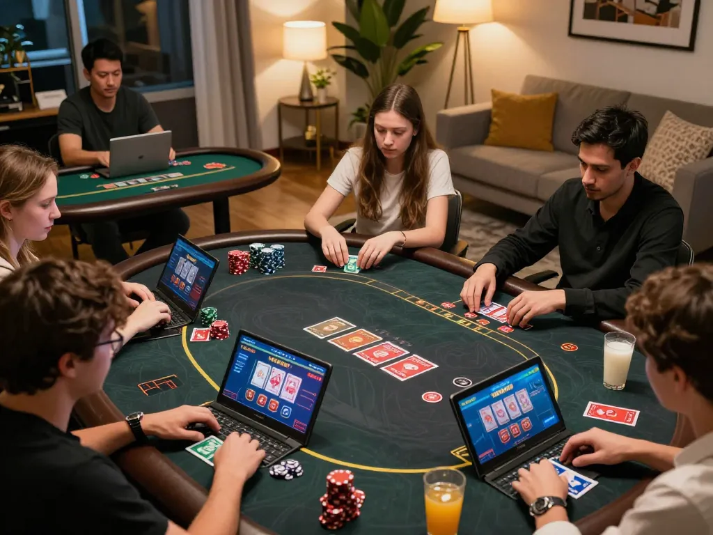 Engaged gamers experiencing winstrike69 in a dynamic online casino setting with poker gameplay.