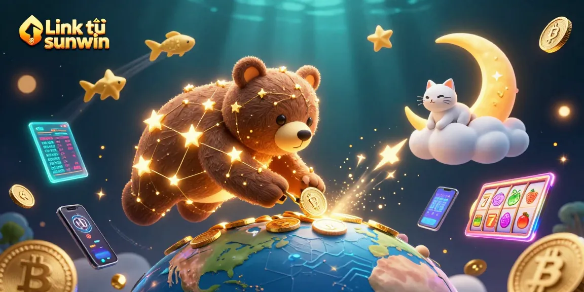 Engage in exciting gameplay with Link tải sunwin as the constellation bear scoops coins amidst lively slot elements.