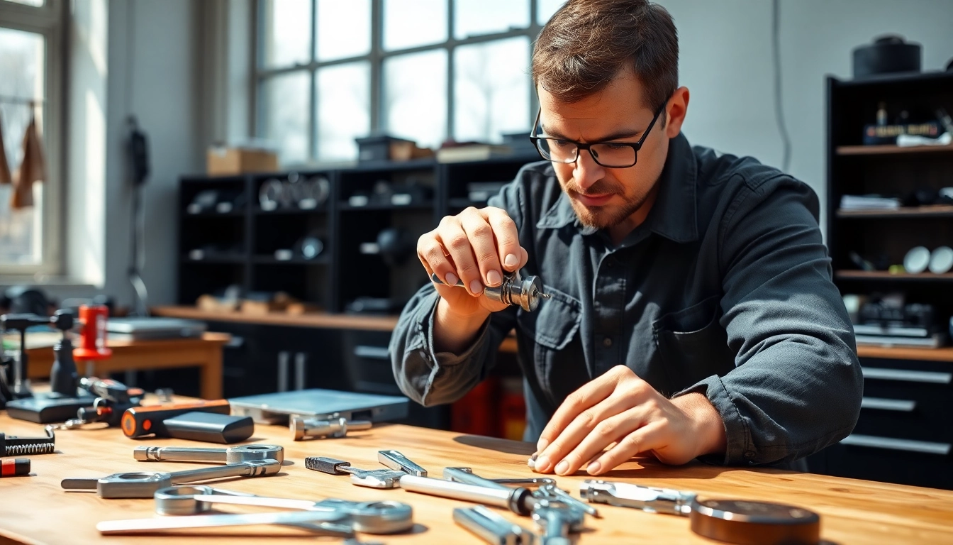 Locksmith expertly repairing a high-security door lock in a well-lit workshop.